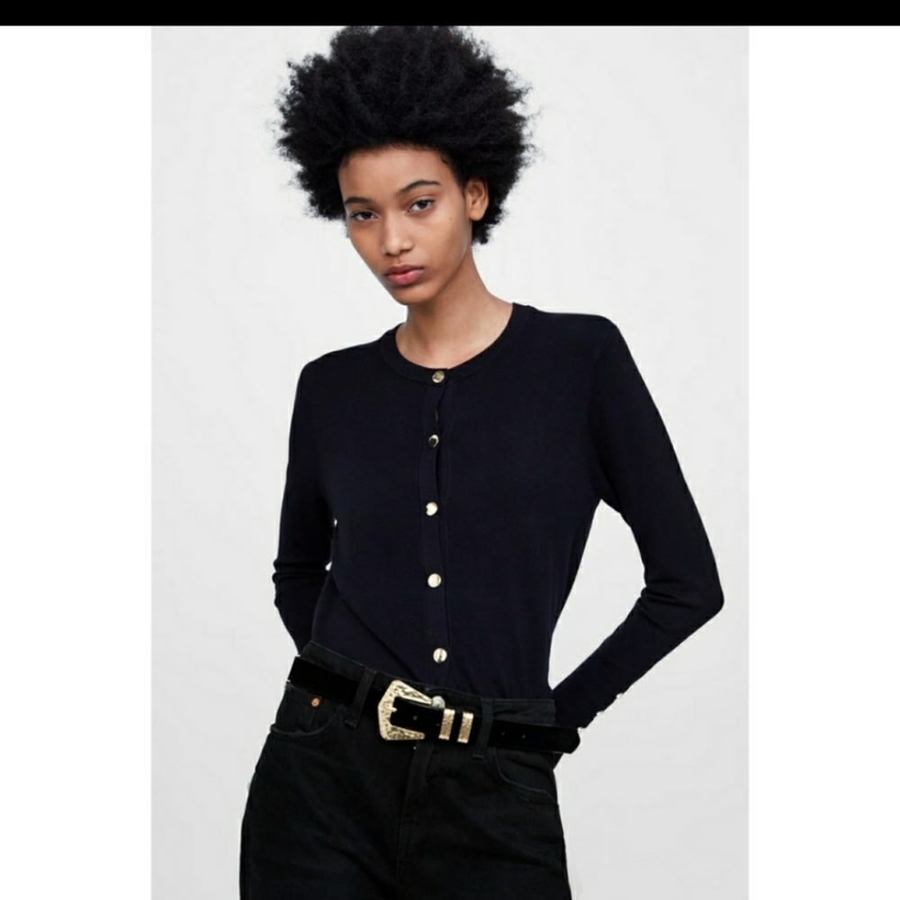 Zara knit cardigan navy gold buttons career casual size L casual classic preppy